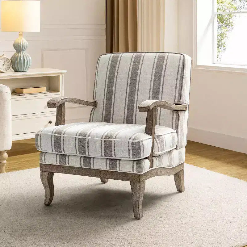Poltrona imbottita rustica con braccioli in legno | Blu, Grigio, Righe, Cuoio | Posto singolo