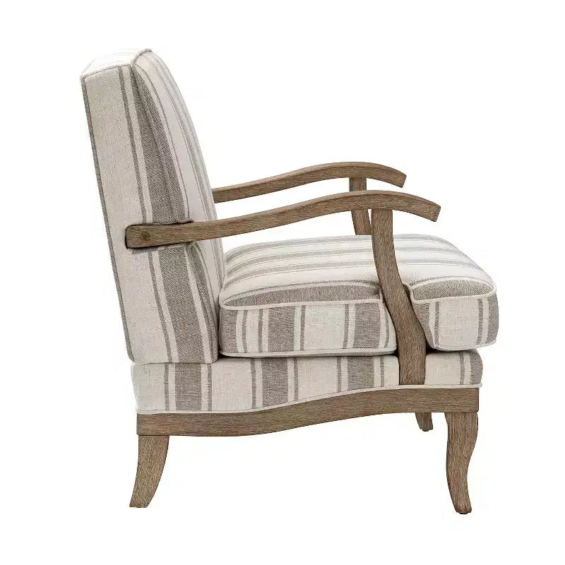 Poltrona imbottita rustica con braccioli in legno | Blu, Grigio, Righe, Cuoio | Posto singolo