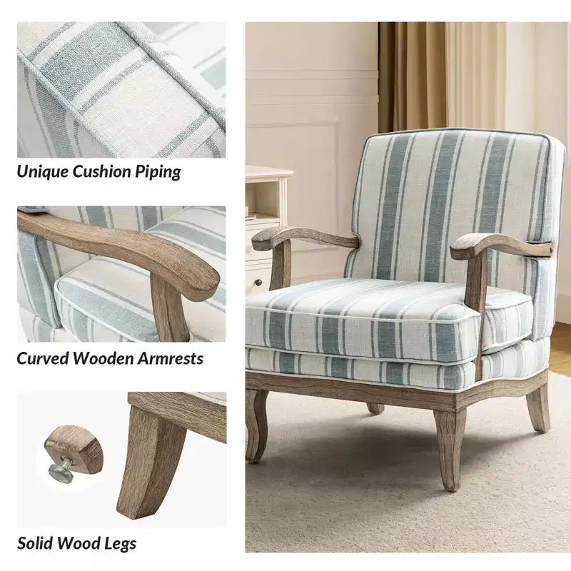 Poltrona imbottita rustica con braccioli in legno | Blu, Grigio, Righe, Cuoio | Posto singolo