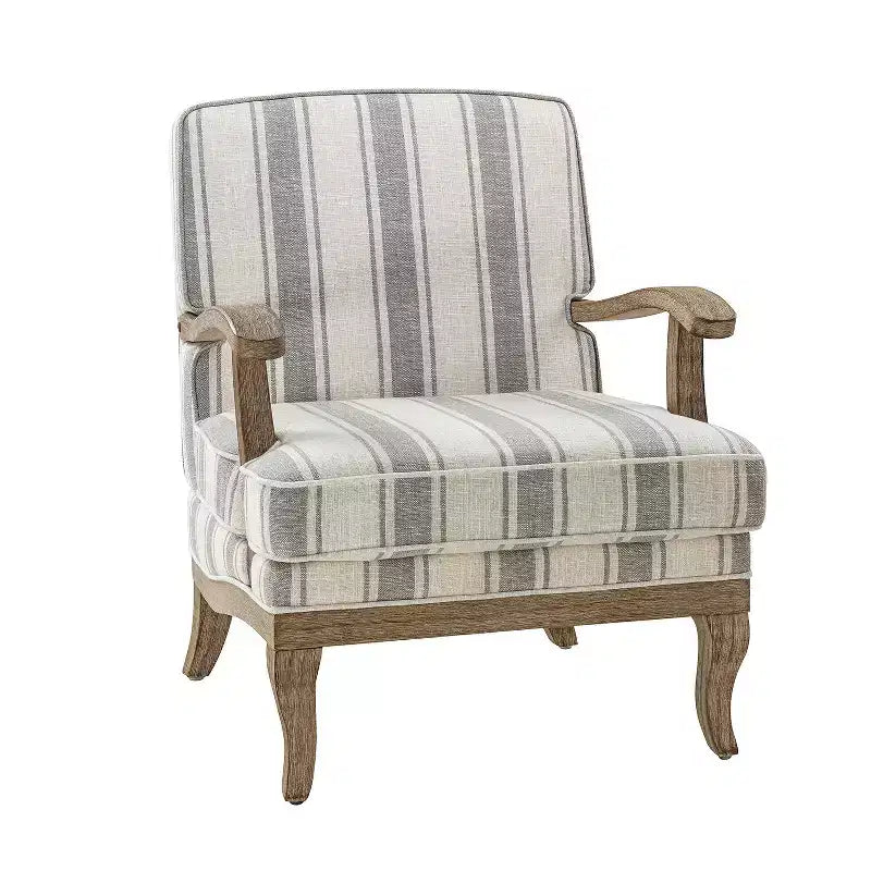 Poltrona imbottita rustica con braccioli in legno | Blu, Grigio, Righe, Cuoio | Posto singolo