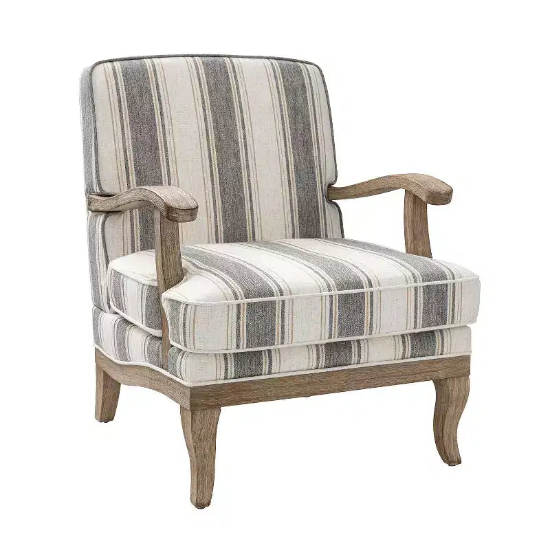 Poltrona imbottita rustica con braccioli in legno | Blu, Grigio, Righe, Cuoio | Posto singolo