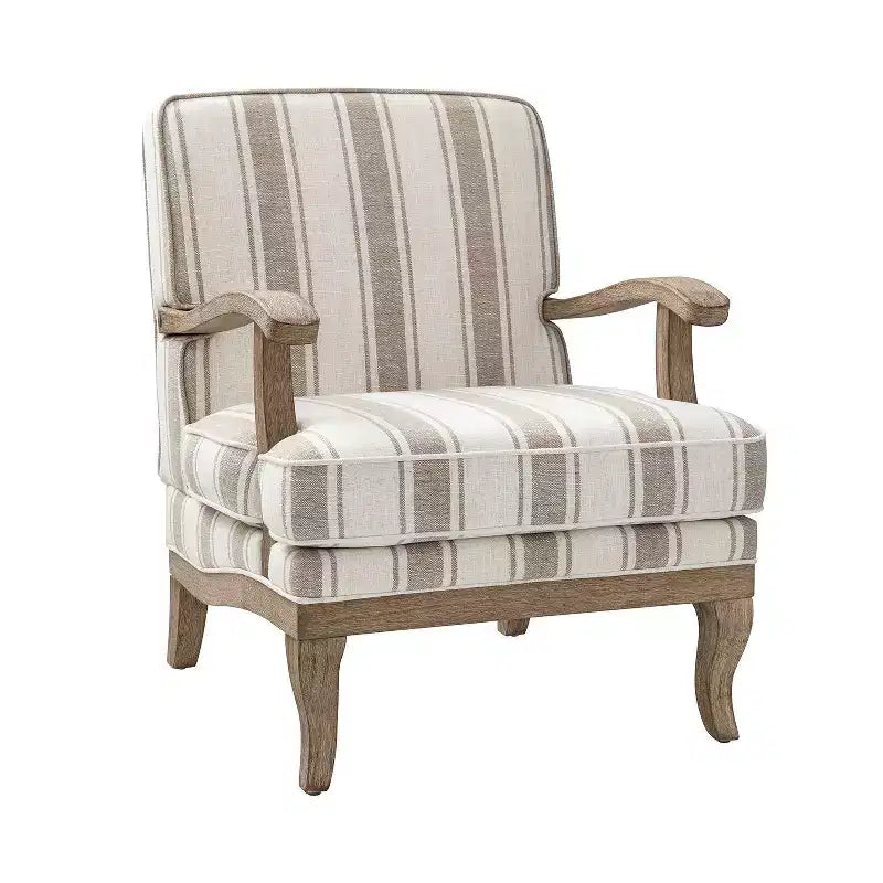 Poltrona imbottita rustica con braccioli in legno | Blu, Grigio, Righe, Cuoio | Posto singolo